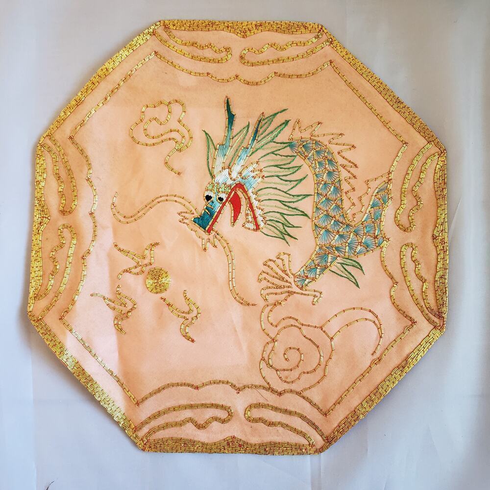 Vintage Chinese Hand-Embroidered Octagonal Silk Mat – Orange Blue Dragon Motif